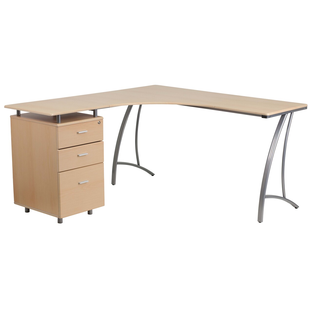 Emma and Oliver Laminate L-Shape Desk with Three Drawer Pedestal